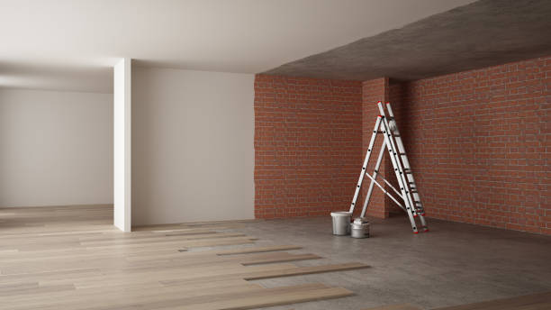 Home renovation, restructuring process, repair and wall painting, construction concept. Brick and painted walls, parquet floor, walls laying and covering, architecture interior design